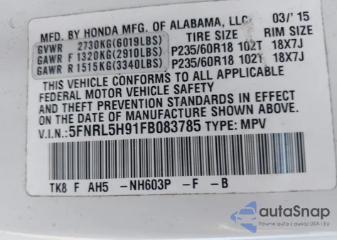 2015 Honda Odyssey Touring/Touring Elite from USA, damaged, VIN 5FNRL5H91FB083785